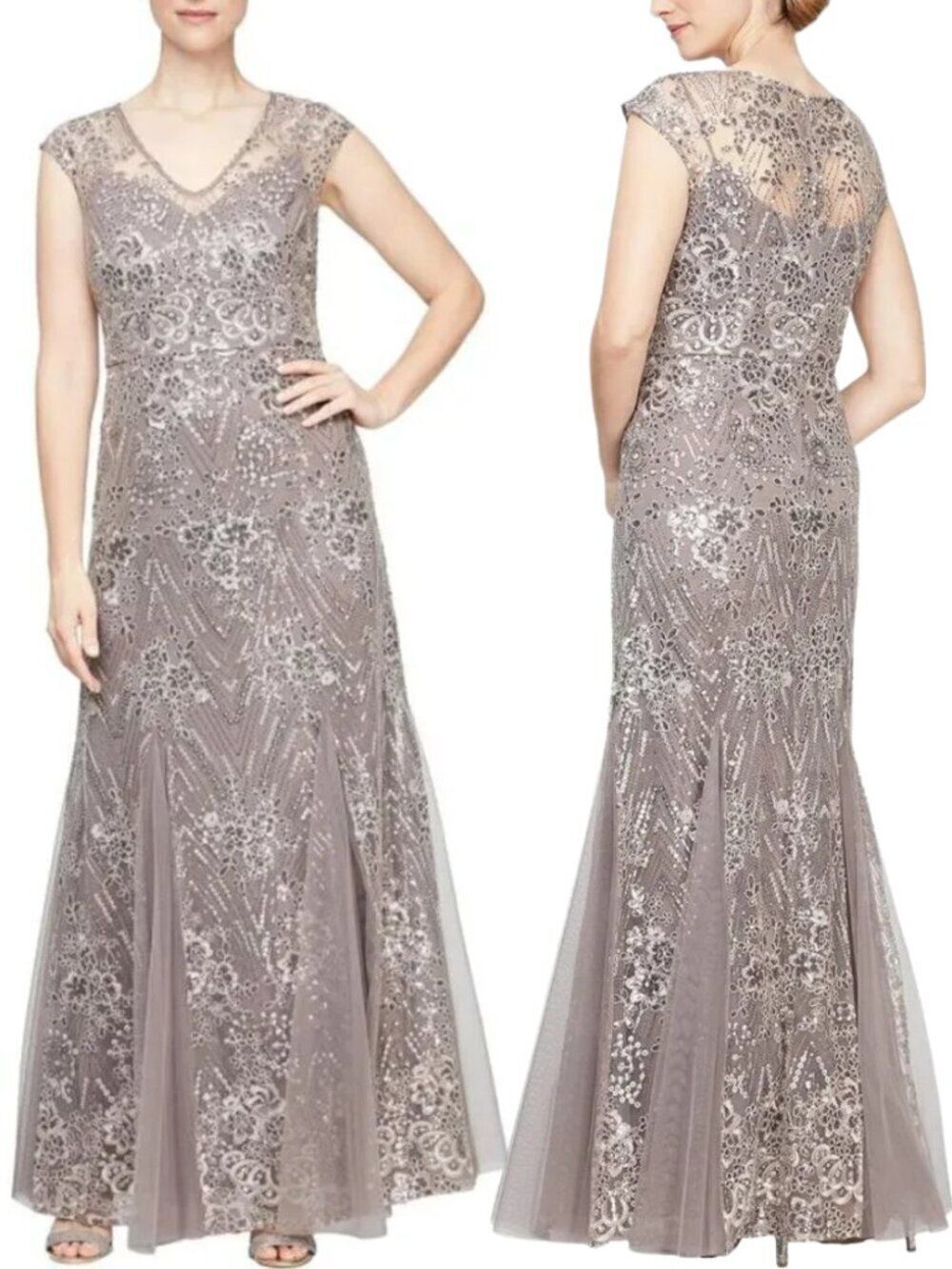 Alex Evenings Long Fit and Flare Godet Detail Mesh Sequin Gown in Rich Taupe NEW